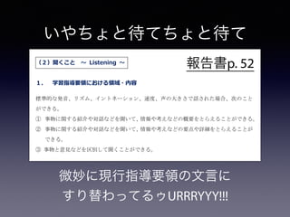 いやちょと待てちょと待て
（２）聞くこと ～ Listening ～
１． 学習指導要領における領域・内容
標準的な発音、リズム、イントネーション、速度、声の大きさで話された場合、次のこと
ができる。
① 事物に関する紹介や対話などを聞いて、情報や考えなどの概要をとらえることができる。
② 事物に関する紹介や対話などを聞いて、情報や考えなどの要点や詳細をとらえることが
できる。
③ 事物と意見などを区別して聞くことができる。
２． 本調査において当技能で問うている力
Part A … 日本語で事前に与えられる状況設定及び視覚情報（イラスト）と音声情報
から、その場面で求められている課題（タスク）を解決する力を測定する問題で、上
記学習指導要領における①及び②の力を見ている。
微妙に現行指導要領の文言に
すり替わってるゥURRRYYY!!!
報告書p. 52
 