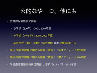公的なやーつ、他にも
• 教育課程実施状況調査:
• 小学校（5, 6年）: 2001, 2003年度
• 中学校（1∼3年）: 2001, 2003年度
• 高等学校（3年）: 2002→新学力観, 2003, 2005年度→旧
• 国研: 特定の課題に関する調査（英語：「話すこと」）: 2007年度
• 国研: 特定の課題に関する調査（英語：「書くこと」）: 2010年度
• 学習指導要領実施状況調査: 小学校（4, 5, 6年）: 2012年度
 
