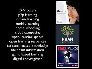 24/7 access
        p2p learning
      online learning
      mobile learning
      home schooling
     cloud computing
   open learning spaces
 open learning resources
co-constructed knowledge
  abundant information
   game based learning
    digital convergence
 