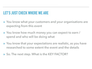 LET’S JUST CHECK WHERE WE ARE
▸ You know what your customers and your organisations are
expecting from this event
▸ You know how much money you can expect to earn /
spend and who will be doing what
▸ You know that your expectations are realistic, as you have
researched to some extent the event and the details
▸ So. The next step. What is the KEY FACTOR?
 