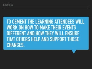 TO CEMENT THE LEARNING ATTENDEES WILL
WORK ON HOW TO MAKE THEIR EVENTS
DIFFERENT AND HOW THEY WILL ENSURE
THAT OTHERS HELP AND SUPPORT THOSE
CHANGES.
EXERCISE
 