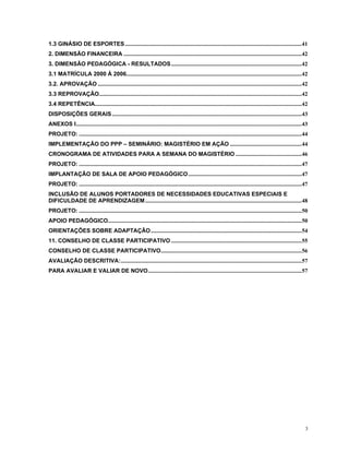 1.3 GINÁSIO DE ESPORTES...........................................................................................................................41 
2. DIMENSÃO FINANCEIRA............................................................................................................................42 
3. DIMENSÃO PEDAGÓGICA - RESULTADOS...........................................................................................42 
3.1 MATRÍCULA 2000 À 2006..........................................................................................................................42 
3.2. APROVAÇÃO..............................................................................................................................................42 
3.3 REPROVAÇÃO.............................................................................................................................................42 
3.4 REPETÊNCIA................................................................................................................................................42 
DISPOSIÇÕES GERAIS....................................................................................................................................43 
ANEXOS I.............................................................................................................................................................43 
PROJETO:...........................................................................................................................................................44 
IMPLEMENTAÇÃO DO PPP – SEMINÁRIO: MAGISTÉRIO EM AÇÃO..................................................44 
CRONOGRAMA DE ATIVIDADES PARA A SEMANA DO MAGISTÉRIO..............................................46 
PROJETO:...........................................................................................................................................................47 
IMPLANTAÇÃO DE SALA DE APOIO PEDAGÓGICO...............................................................................47 
PROJETO:...........................................................................................................................................................47 
INCLUSÃO DE ALUNOS PORTADORES DE NECESSIDADES EDUCATIVAS ESPECIAIS E DIFICULDADE DE APRENDIZAGEM.............................................................................................................48 
PROJETO:...........................................................................................................................................................50 
APOIO PEDAGÓGICO.......................................................................................................................................50 
ORIENTAÇÕES SOBRE ADAPTAÇÃO.........................................................................................................54 
11. CONSELHO DE CLASSE PARTICIPATIVO...........................................................................................55 
CONSELHO DE CLASSE PARTICIPATIVO..................................................................................................56 
AVALIAÇÃO DESCRITIVA:..............................................................................................................................57 
PARA AVALIAR E VALIAR DE NOVO...........................................................................................................57 
3 
 