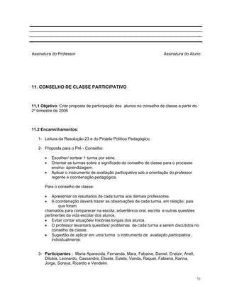Assinatura do Professor Assinatura do Aluno 
11. CONSELHO DE CLASSE PARTICIPATIVO 
11.1 Objetivo: Criar proposta de participação dos alunos no conselho de classe a partir do 2º bimestre de 2006 
11.2 Encaminhamentos: 
1- Leitura da Resolução 23 e do Projeto Político Pedagógico. 
2- Proposta para o Pré - Conselho: 
• Escolher/ sortear 1 turma por série. 
• Orientar as turmas sobre o significado do conselho de classe para o processo ensino- aprendizagem. 
• Aplicar o instrumento de avaliação participativa sob a orientação do professor regente e coordenação pedagógica. 
Para o conselho de classe: 
• Apresentar os resultados de cada turma aos demais professores. 
• A coordenação deverá trazer as observações de cada turma, em relação: pais que foram 
chamados para comparecer na escola, advertência oral, escrita e outras questões pertinentes da vida escolar dos alunos. 
• Evitar contar situações/ histórias longas dos alunos. 
• O professor levantará questões/ problemas de cada turma a serem discutidos no conselho de classe. 
• Sugestão de aplicar em uma turma o instrumento de avaliação participativa , individualmente. 
3- Participantes : Maria Aparecida, Fernanda, Mara, Fabaine, Daniel, Enelzir, Aneli, Dilcéia, Leonardo, Cassandra, Elisete, Estela, Vanda, Raquel, Fabiana, Karina, Jorge, Soraya, Ricardo e Vendelin. 
55 
 