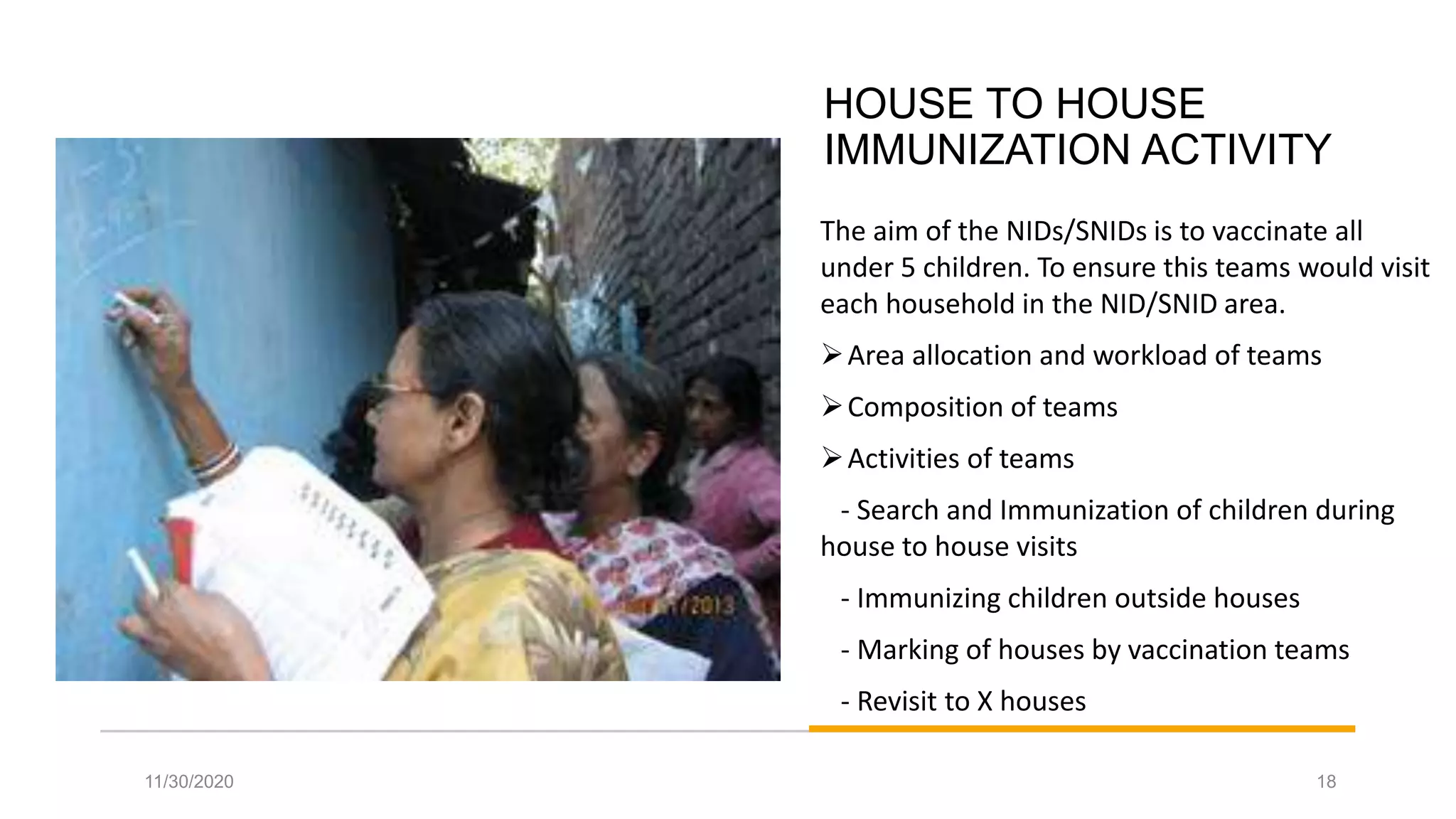 HOUSE TO HOUSE
IMMUNIZATION ACTIVITY
The aim of the NIDs/SNIDs is to vaccinate all
under 5 children. To ensure this teams would visit
each household in the NID/SNID area.
Area allocation and workload of teams
Composition of teams
Activities of teams
- Search and Immunization of children during
house to house visits
- Immunizing children outside houses
- Marking of houses by vaccination teams
- Revisit to X houses
11/30/2020 18
 