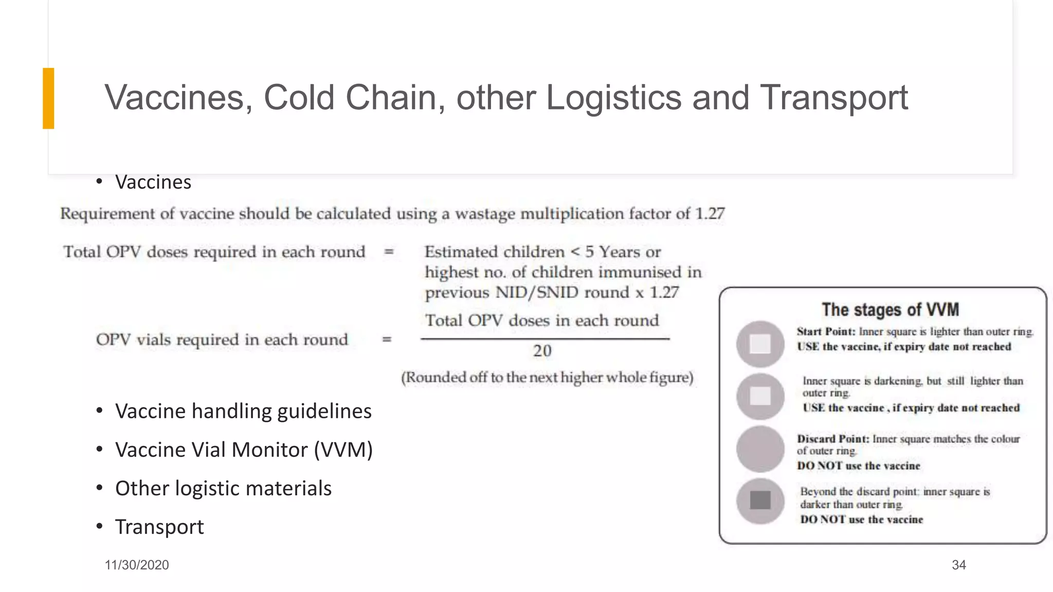 Vaccines, Cold Chain, other Logistics and Transport
• Vaccines
• Vaccine handling guidelines
• Vaccine Vial Monitor (VVM)
• Other logistic materials
• Transport
11/30/2020 34
 