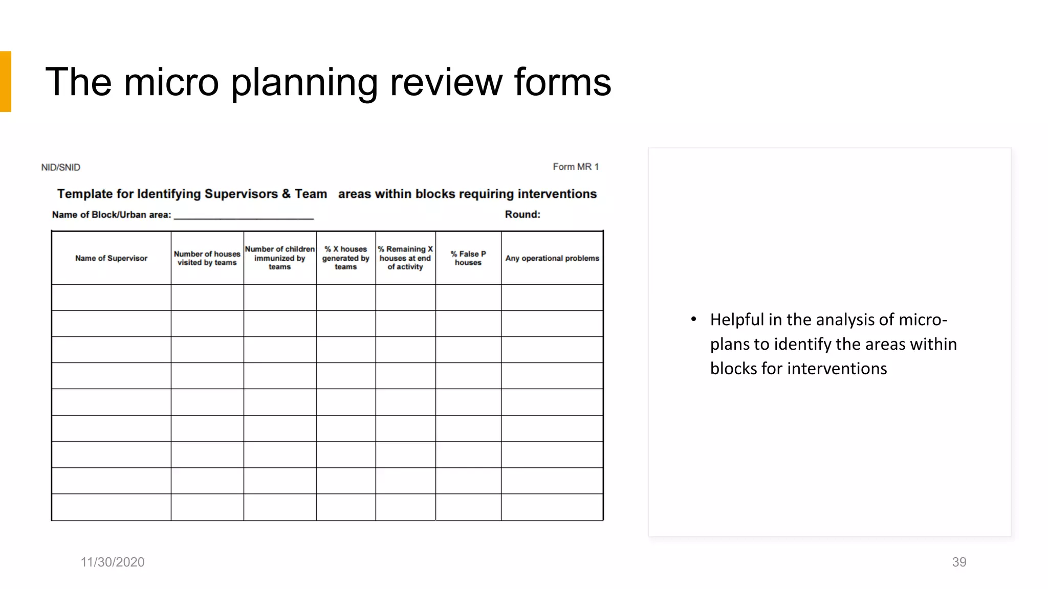 The micro planning review forms
• Helpful in the analysis of micro-
plans to identify the areas within
blocks for interventions
11/30/2020 39
 