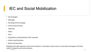 IEC and Social Mobilization
• Key Strategies
• Messages
• Branding of the campaign
• Central level activities
- Television
- Radio
- Print
• Preparation and Distribution of IEC materials
• District-Level Activities
• Block Level Activities
Mobilize local cable-operators and cinema theatres in urban/peri-urban areas to screen polio messages in the local
cable-TV network and cinema theatres
11/30/2020 36
 