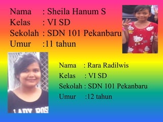 Nama : Sheila Hanum S
Kelas : VI SD
Sekolah : SDN 101 Pekanbaru
Umur :11 tahun
Nama : Rara Radilwis
Kelas : VI SD
Sekolah : SDN 101 Pekanbaru
Umur :12 tahun
 