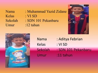 Nama : Muhammad Yazid Zidane
Kelas : VI SD
Sekolah : SDN 101 Pekanbaru
Umur :12 tahun
Nama : Aditya Febrian
Kelas : VI SD
Sekolah : SDN 101 Pekanbaru
Umur :11 tahun
 