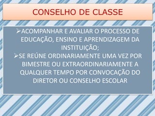 CONSELHO DE CLASSE
ACOMPANHAR E AVALIAR O PROCESSO DE
EDUCAÇÃO, ENSINO E APRENDIZAGEM DA
INSTITUIÇÃO;
SE REÚNE ORDINARIAMENTE UMA VEZ POR
BIMESTRE OU EXTRAORDINARIAMENTE A
QUALQUER TEMPO POR CONVOCAÇÃO DO
DIRETOR OU CONSELHO ESCOLAR
 