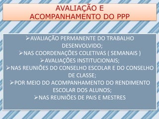 AVALIAÇÃO E
ACOMPANHAMENTO DO PPP
AVALIAÇÃO PERMANENTE DO TRABALHO
DESENVOLVIDO;
NAS COORDENAÇÕES COLETIVAS ( SEMANAIS )
AVALIAÇÕES INSTITUCIONAIS;
NAS REUNIÕES DO CONSELHO ESCOLAR E DO CONSELHO
DE CLASSE;
POR MEIO DO ACOMPANHAMENTO DO RENDIMENTO
ESCOLAR DOS ALUNOS;
NAS REUNIÕES DE PAIS E MESTRES
 