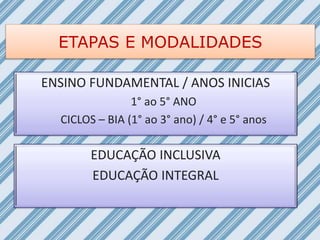 ETAPAS E MODALIDADES
ENSINO FUNDAMENTAL / ANOS INICIAS
1° ao 5° ANO
CICLOS – BIA (1° ao 3° ano) / 4° e 5° anos
EDUCAÇÃO INCLUSIVA
EDUCAÇÃO INTEGRAL
 
