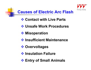 Causes of Electric Arc Flash
  Contact with Live Parts
  Unsafe Work Procedures
  Misoperation
  Insufficient Maintenance
  Overvoltages
  Insulation Failure
  Entry of Small Animals
 