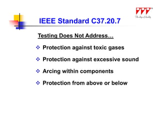 IEEE Standard C37.20.7
Testing Does Not Address…

 Protection against toxic gases

 Protection against excessive sound

 Arcing within components

 Protection from above or below
 
