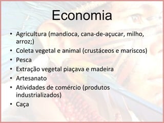 Economia Agricultura (mandioca, cana-de-açucar, milho, arroz;) Coleta vegetal e animal (crustáceos e mariscos) Pesca Extração vegetal piaçava e madeira Artesanato Atividades de comércio (produtos industrializados) Caça 