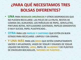 ¿PARA QUÉ NECESITAMOS TRES
BOLSAS DIFERENTES?
• UNA PARA RESIDUOS ORGÁNICOS Y OTROS DESPERDICIOS QUE
NO PUEDEN RECICLARSE: LAS PIELES DE LA FRUTA, RESTOS DE
COMIDA DEL ALMUERZO, LOS PAÑUELOS DE PAPEL, SERVILLETAS,
PINTURAS ROTAS, ROTULADORES GASTADOS, PAPELES GRASIENTOS
O MUY SUCIOS, PAPEL PLASTIFICADO…
• OTRA PARA LOS PAPELES Y CARTONES QUE ESTÉN EN BUEN
ESTADO PARA RECICLARSE: LIMPIOS Y SIN GRAPAS.
• Y UNA MÁS PARA LOS BRIKS QUE ESTÉN COMPLETAMENTE
VACÍOS Y APLASTADOS, VASOS DE YOGUR Y ENVASES DE YOGUR
LÍQUIDO SIN RESTOS, LATAS, PAPEL DE ALUMINIO Y DE PLÁSTICO
DE ENVOLVER BOCADILLOS, TAPONES DE PLÁSTICO …
 