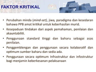 17	
  
•  Perubahan	
  minda	
  (mind-­‐set),	
  jiwa,	
  paradigma	
  dan	
  kesedaran	
  
bahawa	
  PPB	
  amat	
  kriPkal	
  untuk	
  keberhasilan	
  murid.	
  
•  Kesepaduan	
  Pndakan	
  dari	
  aspek	
  pemahaman,	
  penilaian	
  dan	
  	
  
akauntabiliP.	
  	
  
•  Penggunaan	
   standard	
   Pnggi	
   dan	
   baharu	
   sebagai	
   asas	
  
penilaian.	
  
•  Penggemblengan	
   dan	
   penggunaan	
   secara	
   kolaboraPf	
   dan	
  
opPmum	
  sumber	
  baharu	
  dan	
  sedia	
  ada.	
  
•  Penggunaan	
   secara	
   opPmum	
   Infrastruktur	
   dan	
   infostruktur	
  
bagi	
  menjamin	
  keberkesanan	
  pelaksanaan	
  	
  
FAKTOR KRITIKAL
 