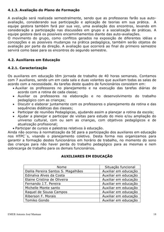 4.1.3. Avaliação do Plano de Formação

A avaliação será realizada semestralmente, sendo que as professoras farão sua auto-
avaliação, considerando sua participação e aplicação de teorias em sua prática. A
equipe gestora também fará por sua vez, uma avaliação dos encontros, levando em
consideração a participação nas discussões em grupo e a socialização de práticas. A
equipe gestora dará os possíveis encaminhamentos diante das auto-avaliações.
O movimento do grupo, como conflitos gerados na exposição de diferentes idéias e
concepções e as possíveis mudanças na prática pedagógica, também serão objetos de
avaliação por parte da direção. A avaliação que ocorrerá ao final do primeiro semestre
servirá como base para os encontros do segundo semestre.

4.2. Auxiliares em Educação

4.2.1. Caracterização

Os auxiliares em educação têm jornada de trabalho de 40 horas semanais. Contamos
com 7 auxiliares, sendo um em cada sala e duas volantes que auxiliam todas as salas de
acordo com a necessidade. As tarefas deste quadro de funcionários consistem em:
    Auxiliar os professores no planejamento e na execução das tarefas diárias de
      acordo com a rotina de cada classe;
      Auxiliar os professores na elaboração e no desenvolvimento do trabalho
      pedagógico com as crianças;
      Discutir e elaborar juntamente com os professores o planejamento da rotina e das
      sequências didáticas das classes;
      Participar de reuniões Pedagógicas, ajudando assim a planejar a rotina da escola;
      Ajudar a planejar e participar de visitas para estudo do meio e/ou ampliação do
      universo cultural, com ou sem as crianças, com objetivos pedagógicos e de
      atualização profissional;
    Participar de cursos e palestras relativos à educação.
Ainda não ocorreu à normatização da SE para a participação dos auxiliares em educação
nos HTPC´s, visando o planejamento coletivo. Desta forma nos organizamos para
garantir a formação destes funcionários em horário de trabalho, no momento do sono
das crianças para não haver perda do trabalho pedagógico para as mesmas e nem
sobrecarga de trabalho para os demais funcionários.

                                  AUXILIARES EM EDUCAÇÃO


                                 Nome                   Situação funcional
             Dalila Pereira Santos S. Magalhães        Auxiliar em educação
             Edinalva Alves da Costa                   Auxiliar em educação
             Elaine Cristina de Oliveira               Auxiliar em educação
             Fernando J.T. Pereira                     Auxiliar em educação
             Michelle Monte santo                      Auxiliar em educação
             Raquel de Sousa Campos                    Auxiliar em educação
             Riberson F. Morais                        Auxiliar em educação
             Tomiko Gondo                              Auxiliar em educação



EMEB Antonio José Mantuan                                                            18
 