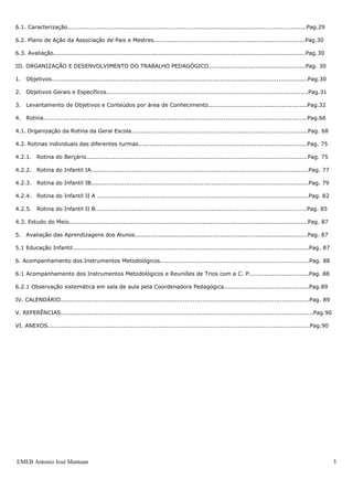 6.1. Caracterização...........................................................................................................................Pag.29

6.2. Plano de Ação da Associação de Pais e Mestres..............................................................................Pag.30

6.3. Avaliação..................................................................................................................................Pag.30

III. ORGANIZAÇÃO E DESENVOLVIMENTO DO TRABALHO PEDAGÓGICO..................................................Pag. 30

1. Objetivos....................................................................................................................................Pag.30

2. Objetivos Gerais e Específicos........................................................................................................Pag.31

3. Levantamento de Objetivos e Conteúdos por área de Conhecimento...................................................Pag.32

4. Rotina........................................................................................................................................Pag.66

4.1. Organização da Rotina da Geral Escola...........................................................................................Pag. 68

4.2. Rotinas individuais das diferentes turmas.......................................................................................Pag. 75

4.2.1.    Rotina do Berçário..................................................................................................................Pag. 75

4.2.2.    Rotina do Infantil IA................................................................................................................Pag. 77

4.2.3.    Rotina do Infantil IB................................................................................................................Pag. 79

4.2.4.    Rotina do Infantil II A .............................................................................................................Pag. 82

4.2.5.    Rotina do Infantil II B.............................................................................................................Pag. 85

4.3. Estudo do Meio...........................................................................................................................Pag. 87

5. Avaliação das Aprendizagens dos Alunos.........................................................................................Pag. 87

5.1 Educação Infantil..........................................................................................................................Pag. 87

6. Acompanhamento dos Instrumentos Metodológicos.............................................................................Pag. 88

6.1 Acompanhamento dos Instrumentos Metodológicos e Reuniões de Trios com a C. P...............................Pag. 88

6.2.1 Observação sistemática em sala de aula pela Coordenadora Pedagógica............................................Pag.89

IV. CALENDÁRIO................................................................................................................................Pag. 89

V. REFERÊNCIAS..................................................................................................................................Pag.90

VI. ANEXOS.......................................................................................................................................Pag.90




EMEB Antonio José Mantuan                                                                                                                                 3
 