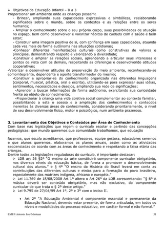  Objetivos da Educação Infantil – 0 a 3
Proporcionar um ambiente onde as crianças possam:
   - Brincar, ampliando suas capacidades expressivas e simbólicas, reelaborando
   significados sobre o mundo, sobre os contextos e as relações entre os seres
   humanos;
   - Ampliar o conhecimento sobre o seu próprio corpo, suas possibilidades de atuação
   no espaço, bem como desenvolver e valorizar hábitos de cuidado com a saúde e bem
   estar;
   - Construir uma imagem positiva de si, com confiança em suas capacidades, atuando
   cada vez mais de forma autônoma nas situações cotidianas;
   -Conhecer diferentes manifestações culturais como construtivas de valores e
   princípios, demonstrando respeito e valorizando a diversidade;
   -Construir e ampliar as relações sociais, aprendendo a articular seus interesses e
   pontos de vista com os demais, respeitando as diferenças e desenvolvendo atitudes
   cooperativas;
-Valorizar e desenvolver atitudes de preservação do meio ambiente, reconhecendo-se
comointegrante, dependente e agente transformador do mesmo;
   -Construir e apropriar-se do conhecimento organizado nas diferentes linguagens
   (corporal, musical, plástica, oral e escrita), utilizando-as para expressar suas idéias,
   sentimentos, necessidades e desejos, ampliando sua rede de significações;
     -Aprender a buscar informações de forma autônoma, exercitando sua curiosidade
   frente ao objeto de conhecimento;
     -Proporcionar à criança uma vida coletiva social complementar ao contexto familiar,
   possibilitando a esta o acesso e a ampliação dos conhecimentos e conteúdos
   inerentes às diversas áreas de conhecimento, considerando prioritariamente, o nível
   de seu desenvolvimento físico, motor e psicológico, num ambiente prazeroso.


3. Levantamento dos Objetivos e Conteúdos por Área de Conhecimento
Com base nas legislações que regem o currículo escolar e partindo das concepções
pedagógicas: que mundo queremos que comunidade trabalhamos, que educação

fazemos, que escola acreditamos, que professores, equipe gestora, educadores seremos
e que alunos queremos, elaboramos os planos anuais, assim como as atividades
seqüenciadas de acordo com as áreas de conhecimento e respeitando a faixa etária das
crianças.
Dentre todas as legislações reguladoras do currículo, é importante destacar:
    LDB art 26 §2º “O ensino da arte constituirá componente curricular obrigatório,
   nos diversos níveis da educação básica, de forma a promover o desenvolvimento
   cultural dos alunos.” e § 4º “O ensino da História do Brasil levará em conta as
   contribuições das diferentes culturas e etnias para a formação do povo brasileiro,
   especialmente das matrizes indígena, africana e européia.”
    Lei 11.769 de 18/08/2008 Art 1º altera o Art 26º da LDB acrescentando: “§ 6º A
   música deverá ser conteúdo obrigatório, mas não exclusivo, do componente
   curricular de que trata o § 2º deste artigo.”
    Lei 9.795 de 27/04/99 Art 1º, 2º e 3º com o inciso II.

            Art 2º “A Educação Ambiental é componente essencial e permanente da
            Educação Nacional, devendo estar presente, de forma articulada, em todos os
            níveis e modalidades do processo educativo, em caráter formal e não formal.”

EMEB Antonio José Mantuan                                                                31
 
