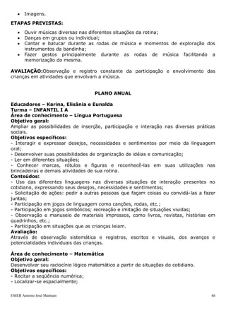 Imagens.

ETAPAS PREVISTAS:

       Ouvir músicas diversas nas diferentes situações da rotina;
       Danças em grupos ou individual;
       Cantar e batucar durante as rodas de música e momentos de exploração dos
       instrumentos da bandinha;
       Fazer gestos principalmente durante as rodas de música facilitando a
       memorização do mesma.

AVALIAÇÃO:Observação e registro constante da participação e envolvimento das
crianças em atividades que envolvam a música.


                                    PLANO ANUAL

Educadores – Karina, Elisânia e Eunalda
Turma – INFANTIL I A
Área de conhecimento – Língua Portuguesa
Objetivo geral:
Ampliar as possibilidades de inserção, participação e interação nas diversas práticas
sociais.
Objetivos específicos:
- Interagir e expressar desejos, necessidades e sentimentos por meio da linguagem
oral;
- Desenvolver suas possibilidades de organização de idéias e comunicação;
- Ler em diferentes situações;
- Conhecer marcas, rótulos e figuras e reconhecê-las em suas utilizações nas
brincadeiras e demais atividades de sua rotina.
Conteúdos:
- Uso das diferentes linguagens nas diversas situações de interação presentes no
cotidiano, expressando seus desejos, necessidades e sentimentos;
- Solicitação de ações: pedir a outras pessoas que façam coisas ou convidá-las a fazer
juntas;
- Participação em jogos de linguagem como canções, rodas, etc.;
- Participação em jogos simbólicos; recreação e imitação de situações vividas;
- Observação e manuseio de materiais impressos, como livros, revistas, histórias em
quadrinhos, etc.;
- Participação em situações que as crianças leiam.
Avaliação:
Através de observação sistemática e registros, escritos e visuais, dos avanços e
potencialidades individuais das crianças.

Área de conhecimento – Matemática
Objetivo geral:
Desenvolver seu raciocínio lógico matemático a partir de situações do cotidiano.
Objetivos específicos:
- Recitar a seqüência numérica;
- Localizar-se espacialmente;

EMEB Antonio José Mantuan                                                           46
 