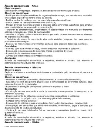 Área de conhecimento – Artes
Objetivo geral:
Desenvolver a imaginação, expressão, sensibilidade e comunicação artística.
Objetivos específicos:
- Participar de situações coletivas de organização do espaço, em sala de aula, no ateliê,
em espaços expositivos dentro e fora da escola;
- Praticar ações de cuidados com os materiais pessoais e coletivos;
- Sentir prazer na realização de trabalhos artísticos;
- Utilizar diversos materiais gráficos e plásticos sobre diferentes superfícies para ampliar
suas possibilidades de expressão e comunicação;
- Explorar as características, propriedades e possibilidades de manuseio de diferentes
objetos e materiais por meio da manipulação;
- Ampliar o próprio conhecimento de mundo por meio do contato com formas diversas
de expressões artísticas;
- Participar de rodas de apreciação das mais variadas imagens, das suas próprias
produções e dos colegas;
- Explorar os mais variados movimentos gestuais para produzir desenhos e pinturas.
Conteúdos:
- Cuidado com os materiais usados, com os trabalhos individuais e coletivos;
- Exploração e manipulação de materiais, meios e suportes diversos;
- Exploração de movimentos gestuais;
- Apreciação e identificação de imagens diversas.
Avaliação:
Através de observação sistemática e registros, escritos e visuais, dos avanços e
potencialidades individuais das crianças.

Área de conhecimento – Ciências
Objetivo geral:
Explorar o ambiente, manifestando interesse e curiosidade pelo mundo social, natural e
cultural.
Objetivos específicos:
- Observar e interagir com o meio, desenvolvendo a curiosidade pelo mundo;
- Relacionar-se com seu próprio grupo social e com pessoas de diferentes culturas, seus
valores e formas de organização;
- Experimentar situações onde possa conhecer e explorar o meio.
Conteúdos:
- Construção de sua identidade a partir da convivência com pessoas do seu grupo e de
diferentes culturas;
- Desenvolvimento de atitudes e comportamentos cooperativos e solidários;
- Conhecimento do próprio corpo por meio de jogos e brincadeiras;
- Contato com animais e plantas;
- Exploração de objetos e suas propriedades (som, odor, temperatura, movimento);
- Participação em atividades que envolvam histórias, brincadeiras, jogos e canções que
digam respeito às tradições culturais;
- Exploração de suas habilidades físicas, motoras e perceptivas (auditiva, visual, tátil,
gustativa e olfativa).
Avaliação:
Através de observação sistemática e registros, escritos e visuais, dos avanços e
potencialidades individuais das crianças.
Área de conhecimento – Música

EMEB Antonio José Mantuan                                                                 48
 