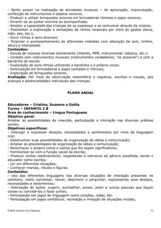 - Sentir prazer na realização de atividades musicais – de apreciação, improvisação,
confecção de instrumentos e objetos sonoros;
- Produzir e utilizar brinquedos sonoros em brincadeiras rítmicas e jogos sonoros;
- Divertir-se ao cantar sozinha ou acompanhada;
- Ampliar a capacidade das crianças de se expressar e se comunicar através da música;
- Possibilitar a exploração e sensações de ritmos corporais por meio de gestos (boca,
mão, pés, etc.);
- Ouvir ritmos e sons diversos;
- Propiciar o acompanhamento de diferentes melodias com alteração de som, timbre,
altura e intensidade.
Conteúdos:
- Escuta de músicas diversas diariamente (infantis, MPB, instrumental, clássica, etc.);
- Contato com instrumentos musicais (instrumentos verdadeiros, “se possível”) e com a
bandinha da escola;
- Exploração de sons ritmos utilizando a bandinha e o próprio corpo;
- Participação em brincadeiras e jogos cantados e rítmicos;
- Exploração de brinquedos sonoros.
Avaliação: Por meio de observação sistemática e registros, escritos e visuais, dos
avanços e potencialidades individuais das crianças.


                                   PLANO ANUAL


Educadores – Cristina, Sussena e Dalila
Turma – INFANTIL I B
Área de conhecimento – Língua Portuguesa
Objetivo geral:
Ampliar as possibilidades de inserção, participação e interação nas diversas práticas
sociais.
Objetivos específicos:
- Interagir e expressar desejos, necessidades e sentimentos por meio da linguagem
oral;
- Desenvolver suas possibilidades de organização de idéias e comunicação;
- Ampliar as possibilidades de organização de idéias e comunicação;
- Reconhecer o próprio nome e outros que lhe sejam significativos;
- Familiarizar-se com a função social da escrita;
- Produzir textos coletivamente, respeitando a estrutura do gênero escolhido, tendo o
educador como escriba;
- Ler em diferentes situações;
- Conhecer marcas, rótulos e figuras.
Conteúdos:
- Uso das diferentes linguagens nas diversas situações de interação presentes no
cotidiano, como conversar, narrar, descrever e perguntar, expressando seus desejos,
necessidades e sentimentos;
- Solicitação de ações: sugerir, aconselhar, avisar, pedir a outras pessoas que façam
coisas ou convidá-las a fazer juntas;
- Participação em jogos de linguagem como canções, rodas, etc.
- Participação em jogos simbólicos; recreação e imitação de situações vividas;


EMEB Antonio José Mantuan                                                            52
 