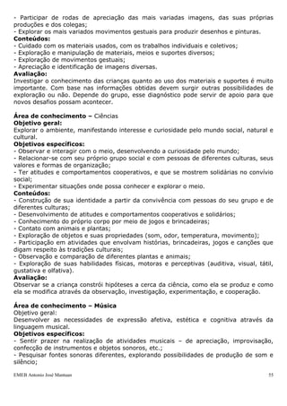 - Participar de rodas de apreciação das mais variadas imagens, das suas próprias
produções e dos colegas;
- Explorar os mais variados movimentos gestuais para produzir desenhos e pinturas.
Conteúdos:
- Cuidado com os materiais usados, com os trabalhos individuais e coletivos;
- Exploração e manipulação de materiais, meios e suportes diversos;
- Exploração de movimentos gestuais;
- Apreciação e identificação de imagens diversas.
Avaliação:
Investigar o conhecimento das crianças quanto ao uso dos materiais e suportes é muito
importante. Com base nas informações obtidas devem surgir outras possibilidades de
exploração ou não. Depende do grupo, esse diagnóstico pode servir de apoio para que
novos desafios possam acontecer.

Área de conhecimento – Ciências
Objetivo geral:
Explorar o ambiente, manifestando interesse e curiosidade pelo mundo social, natural e
cultural.
Objetivos específicos:
- Observar e interagir com o meio, desenvolvendo a curiosidade pelo mundo;
- Relacionar-se com seu próprio grupo social e com pessoas de diferentes culturas, seus
valores e formas de organização;
- Ter atitudes e comportamentos cooperativos, e que se mostrem solidárias no convívio
social;
- Experimentar situações onde possa conhecer e explorar o meio.
Conteúdos:
- Construção de sua identidade a partir da convivência com pessoas do seu grupo e de
diferentes culturas;
- Desenvolvimento de atitudes e comportamentos cooperativos e solidários;
- Conhecimento do próprio corpo por meio de jogos e brincadeiras;
- Contato com animais e plantas;
- Exploração de objetos e suas propriedades (som, odor, temperatura, movimento);
- Participação em atividades que envolvam histórias, brincadeiras, jogos e canções que
digam respeito às tradições culturais;
- Observação e comparação de diferentes plantas e animais;
- Exploração de suas habilidades físicas, motoras e perceptivas (auditiva, visual, tátil,
gustativa e olfativa).
Avaliação:
Observar se a criança constrói hipóteses a cerca da ciência, como ela se produz e como
ela se modifica através da observação, investigação, experimentação, e cooperação.

Área de conhecimento – Música
Objetivo geral:
Desenvolver as necessidades de expressão afetiva, estética e cognitiva através da
linguagem musical.
Objetivos específicos:
- Sentir prazer na realização de atividades musicais – de apreciação, improvisação,
confecção de instrumentos e objetos sonoros, etc.;
- Pesquisar fontes sonoras diferentes, explorando possibilidades de produção de som e
silêncio;

EMEB Antonio José Mantuan                                                              55
 