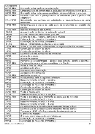 EMEB Antonio José Mantuan 20
Cronograma
02/02 RPD Discussão sobre período de adaptação
03/02 RPD Caracterização da comunidade e discussão sobre reunião com pais
04/02 RPD Discussão sobre datas comemorativas, sábados letivos e projetos
07/02 RPD Reunião com pais e planejamento de atividades para o período de
adaptação
22 e 23/03 Socialização do período de adaptação e encaminhamentos para
melhorias
10/03 RPD Caracterização e plano de ação para os segmentos de atuação da
escola
11/03 RPD Rotinas individuais das turmas
30/03 A organização do tempo na educação infantil
06/04 Rotina - Diretrizes curriculares para SBC
13/04 À hora da roda... História, conversa e música
20/04 Elaboração de relatórios trimestrais
27/04 Elaboração de relatórios trimestrais
04/05 Rotina – Organização do tempo e do espaço
25/04 RPD Visita a creches para conhecimento da organização dos espaços
11/05 Construção do álbum do aluno
18/05 Construção do álbum do aluno
06/05 RPD Estruturação das atividades de intersalas
25/05 A hora do repouso
01/06 A hora da higiene
08/06 Momentos de descontração – parque, área externa, solário e casinha
25/05 RPD Estruturação para atividades coletivas e o Dia de...
15/06 Visita a feira de livros
22/06 Atividades de artes
28/06 Momentos de alimentação
06/07 Atividades diversificadas
21/07 RPD Avaliação semestral
22/07 RPD Planejamento para o segundo semestre
27/07 Desenvolvimento infantil – berçário
03/08 Elaboração de relatórios trimestrais
10/08 Elaboração de relatórios trimestrais
17/08 Construção do álbum do aluno
24/08 Construção do álbum do aluno
26/08 RPD Visita a Reciclagem
31/08 Desenvolvimento infantil – berçário
02/09 RPD Visita a Biblioteca para momento de contação de histórias
06/09 Desenvolvimento infantil – 1 ano
14/09 Desenvolvimento infantil – 2 anos
21/09 Desenvolvimento infantil – 3 anos
28/09 Estruturação de atividades para diferentes faixas etárias
05/10 Estruturação de atividades para diferentes faixas etárias
11/10 Troca para 14/10 - Confraternização dia dos professores
19/10 O brincar na história
26/10 O brincar como espaço de aprendizagens
01/11 Elaboração de relatórios trimestrais
09/11 Elaboração de relatórios trimestrais
 