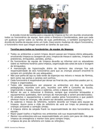EMEB Antonio José Mantuan 23
A divisão inicial de tarefas para a equipe da limpeza se fez em reunião envolvendo
todos os funcionários da equipe, bem como a Diretora e Coordenadora, para que cada
um pudesse opinar sobre as tarefas de suas preferências, e também acompanhar a
divisão de tarefas da equipe como um todo. Caso ocorra mudança de algum funcionário,
o funcionário novo que chegar assumirá as tarefas do que saiu.
Tarefas para todos os funcionários da equipe de limpeza:
 Todos os ambientes a serem limpos devem passar por limpeza diária adequada,
envolvendo limpeza ou lavagem de piso, limpeza de mesas e cadeiras, limpeza de
prateleiras, brinquedos, paredes, portas...
 Os funcionários da equipe de limpeza deverão se informar com os educadores
sobre os melhores horários para limpeza, organização das salas de aula e lavagem
de brinquedos;
 A manutenção da higienização diária do banheiro das crianças fica sob
responsabilidade de dois funcionários para que as crianças possam encontrá-lo
sempre em condições de uso adequadas;
 Não usar palha de aço ou lado verde da esponjas nos móveis e mesas de fórmica,
bem como nas portas e janelas com acrílico;
 Cada funcionário é responsável por deixar ao final do dia, utensílios usados por si,
limpos e organizados;
 Todos são responsáveis por preparar os ambientes em dias de reuniões
pedagógicas, reuniões com pais, reuniões com APM e Conselho de Escola,
organizando o espaço, mesas e cadeiras, antes e depois dos eventos;
 Retirar do uso e comunicar à Diretora, sempre que encontrar brinquedos e
equipamentos quebrados, bem serviços de manutenção a serem providenciados;
 Os produtos e equipamentos a serem usados pelos funcionários e que podem
oferecer riscos ás crianças, não devem ser deixados acessíveis a elas;
 As cadeiras e mesas do refeitório, lactário deverão ser limpas pela equipe de
limpeza. Assim como o chão do refeitório de verá ser limpo na presença das
crianças utilizando a varreção úmida;
 A limpeza diária da calçada ficará na responsabilidade de dois funcionários da
equipe;
 Repor papel toalha e higiênico nos ambientes sob sua responsabilidade;
 Manter nos ambientes sob sua responsabilidade um cesto com pano de chão para
limpeza de emergência e manter este pano sempre limpo;
 Limpeza do piso do refeitório em todas as refeições;
 