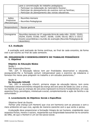 EMEB Antonio José Mantuan 31
para a concretização do trabalho pedagógico;
- Participar na elaboração do Calendário Escolar;
- Participar do planejamento de eventos com as famílias;
- Participar do planejamento das visitas educativas.
Ações
Propostas
(Metodologia)
- Reuniões mensais
- Reuniões Pedagógicas
Responsáveis - Equipe gestora
Cronograma Reuniões mensais na 1ª segunda-feira de cada mês: 22/02, 23/03,
05/04, 03/05; 07/06; 05/07; 26/08; 13/09; 05/10; 08/11 e 10/12.
Exceto assembléias e reunião de avaliação (Reunião Pedagógica de
dezembro).
6.3. Avaliação
A avaliação será realizada de forma contínua, ao final de cada encontro, de forma
oral e por escrito ao final de cada semestre.
III. ORGANIZAÇÃO E DESENVOLVIMENTO DO TRABALHO PEDAGÓGICO
1. Objetivos
Objetivo da Educação Básica
Seção I
Das Disposições Gerais
“Art. 22º. A Educação básica tem por finalidades desenvolver o educando,
assegurando-lhe a formação comum indispensável para o exercício da cidadania e
fornecer-lhe meios para progredir no trabalho e em estudos posteriores.”
Seção II
Da Educação Infantil
“Art. 29º. A educação infantil, primeira etapa da educação básica, tem como
finalidade o desenvolvimento integral da criança até seis anos de idade (ou zero a cinco,
na medida em que as crianças de seis anos ingressem no Ensino Fundamental), em seus
aspectos físico, psicológico, intelectual e social, complementando a ação da família e da
comunidade.”
2. Levantamento de Objetivos Gerais e Específicos
Objetivo Geral da Escola
Formar uma criança (um Homem) que viva em harmonia com as pessoas e com o
meio ambiente em que vive, agindo de maneira coerente com o que sente e pensa.
A educação deve proporcionar a formação íntegra do ser humano, englobando seus
aspectos físicos, morais e sociais, respeitando sua religiosidade baseando-se no conceito
da ONU, de que o Homem é um ser bio-psico-social.
 