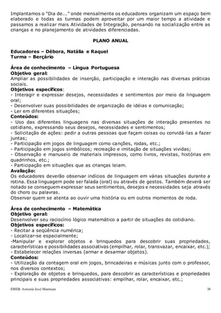 EMEB Antonio José Mantuan 38
Implantamos o “Dia de...” onde mensalmente os educadores organizam um espaço bem
elaborado e todas as turmas podem aproveitar por um maior tempo a atividade e
passamos a realizar mais Atividades de Integração, pensando na socialização entre as
crianças e no planejamento de atividades diferenciadas.
PLANO ANUAL
Educadores – Débora, Natália e Raquel
Turma – Berçário
Área de conhecimento – Língua Portuguesa
Objetivo geral:
Ampliar as possibilidades de inserção, participação e interação nas diversas práticas
sociais.
Objetivos específicos:
- Interagir e expressar desejos, necessidades e sentimentos por meio da linguagem
oral;
- Desenvolver suas possibilidades de organização de idéias e comunicação;
- Ler em diferentes situações;
Conteúdos:
- Uso das diferentes linguagens nas diversas situações de interação presentes no
cotidiano, expressando seus desejos, necessidades e sentimentos;
- Solicitação de ações: pedir a outras pessoas que façam coisas ou convidá-las a fazer
juntas;
- Participação em jogos de linguagem como canções, rodas, etc.;
- Participação em jogos simbólicos; recreação e imitação de situações vividas;
- Observação e manuseio de materiais impressos, como livros, revistas, histórias em
quadrinhos, etc.;
- Participação em situações que as crianças leiam.
Avaliação:
Os educadores deverão observar indícios de linguagem em várias situações durante a
rotina. Essa linguagem pode ser falada (oral) ou através de gestos. Também deverá ser
notado se conseguem expressar seus sentimentos, desejos e necessidades seja através
do choro ou palavras.
Observar quem se atenta ao ouvir uma história ou em outros momentos de roda.
Área de conhecimento – Matemática
Objetivo geral:
Desenvolver seu raciocínio lógico matemático a partir de situações do cotidiano.
Objetivos específicos:
- Recitar a seqüência numérica;
- Localizar-se espacialmente;
-Manipular e explorar objetos e brinquedos para descobrir suas propriedades,
características e possibilidades associativas (empilhar, rolar, transvazar, encaixar, etc.);
- Estabelecer relações inversas (armar e desarmar objetos).
Conteúdos:
- Utilização da contagem oral em jogos, brincadeiras e músicas junto com o professor,
nos diversos contextos;
- Exploração de objetos e brinquedos, para descobrir as características e propriedades
principais e suas propriedades associativas: empilhar, rolar, encaixar, etc.;
 
