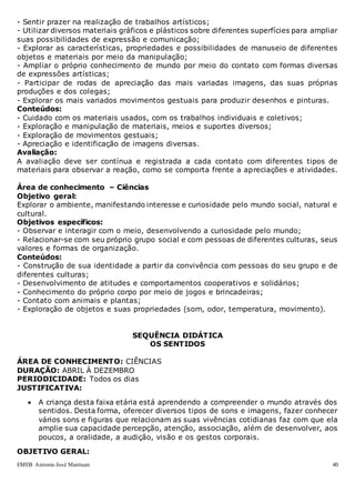 EMEB Antonio José Mantuan 40
- Sentir prazer na realização de trabalhos artísticos;
- Utilizar diversos materiais gráficos e plásticos sobre diferentes superfícies para ampliar
suas possibilidades de expressão e comunicação;
- Explorar as características, propriedades e possibilidades de manuseio de diferentes
objetos e materiais por meio da manipulação;
- Ampliar o próprio conhecimento de mundo por meio do contato com formas diversas
de expressões artísticas;
- Participar de rodas de apreciação das mais variadas imagens, das suas próprias
produções e dos colegas;
- Explorar os mais variados movimentos gestuais para produzir desenhos e pinturas.
Conteúdos:
- Cuidado com os materiais usados, com os trabalhos individuais e coletivos;
- Exploração e manipulação de materiais, meios e suportes diversos;
- Exploração de movimentos gestuais;
- Apreciação e identificação de imagens diversas.
Avaliação:
A avaliação deve ser contínua e registrada a cada contato com diferentes tipos de
materiais para observar a reação, como se comporta frente a apreciações e atividades.
Área de conhecimento – Ciências
Objetivo geral:
Explorar o ambiente, manifestando interesse e curiosidade pelo mundo social, natural e
cultural.
Objetivos específicos:
- Observar e interagir com o meio, desenvolvendo a curiosidade pelo mundo;
- Relacionar-se com seu próprio grupo social e com pessoas de diferentes culturas, seus
valores e formas de organização.
Conteúdos:
- Construção de sua identidade a partir da convivência com pessoas do seu grupo e de
diferentes culturas;
- Desenvolvimento de atitudes e comportamentos cooperativos e solidários;
- Conhecimento do próprio corpo por meio de jogos e brincadeiras;
- Contato com animais e plantas;
- Exploração de objetos e suas propriedades (som, odor, temperatura, movimento).
SEQUÊNCIA DIDÁTICA
OS SENTIDOS
ÁREA DE CONHECIMENTO: CIÊNCIAS
DURAÇÃO: ABRIL À DEZEMBRO
PERIODICIDADE: Todos os dias
JUSTIFICATIVA:
 A criança desta faixa etária está aprendendo a compreender o mundo através dos
sentidos. Desta forma, oferecer diversos tipos de sons e imagens, fazer conhecer
vários sons e figuras que relacionam as suas vivências cotidianas faz com que ela
amplie sua capacidade percepção, atenção, associação, além de desenvolver, aos
poucos, a oralidade, a audição, visão e os gestos corporais.
OBJETIVO GERAL:
 