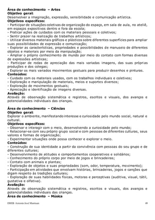 EMEB Antonio José Mantuan 49
Área de conhecimento – Artes
Objetivo geral:
Desenvolver a imaginação, expressão, sensibilidade e comunicação artística.
Objetivos específicos:
- Participar de situações coletivas de organização do espaço, em sala de aula, no ateliê,
em espaços expositivos dentro e fora da escola;
- Praticar ações de cuidados com os materiais pessoais e coletivos;
- Sentir prazer na realização de trabalhos artísticos;
- Utilizar diversos materiais gráficos e plásticos sobre diferentes superfícies para ampliar
suas possibilidades de expressão e comunicação;
- Explorar as características, propriedades e possibilidades de manuseio de diferentes
objetos e materiais por meio da manipulação;
- Ampliar o próprio conhecimento de mundo por meio do contato com formas diversas
de expressões artísticas;
- Participar de rodas de apreciação das mais variadas imagens, das suas próprias
produções e dos colegas;
- Explorar os mais variados movimentos gestuais para produzir desenhos e pinturas.
Conteúdos:
- Cuidado com os materiais usados, com os trabalhos individuais e coletivos;
- Exploração e manipulação de materiais, meios e suportes diversos;
- Exploração de movimentos gestuais;
- Apreciação e identificação de imagens diversas.
Avaliação:
Através de observação sistemática e registros, escritos e visuais, dos avanços e
potencialidades individuais das crianças.
Área de conhecimento – Ciências
Objetivo geral:
Explorar o ambiente, manifestando interesse e curiosidade pelo mundo social, natural e
cultural.
Objetivos específicos:
- Observar e interagir com o meio, desenvolvendo a curiosidade pelo mundo;
- Relacionar-se com seu próprio grupo social e com pessoas de diferentes culturas, seus
valores e formas de organização;
- Experimentar situações onde possa conhecer e explorar o meio.
Conteúdos:
- Construção de sua identidade a partir da convivência com pessoas do seu grupo e de
diferentes culturas;
- Desenvolvimento de atitudes e comportamentos cooperativos e solidários;
- Conhecimento do próprio corpo por meio de jogos e brincadeiras;
- Contato com animais e plantas;
- Exploração de objetos e suas propriedades (som, odor, temperatura, movimento);
- Participação em atividades que envolvam histórias, brincadeiras, jogos e canções que
digam respeito às tradições culturais;
- Exploração de suas habilidades físicas, motoras e perceptivas (auditiva, visual, tátil,
gustativa e olfativa).
Avaliação:
Através de observação sistemática e registros, escritos e visuais, dos avanços e
potencialidades individuais das crianças.
Área de conhecimento – Música
 