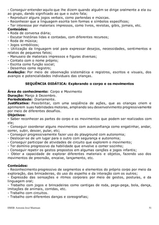 EMEB Antonio José Mantuan 51
- Conseguir entender aquilo que lhe dizem quando alguém se dirige oralmente a ela ou
ao grupo, dando significado ao que o outro fala;
- Reproduzir alguns jogos verbais, como parlendas e músicas.
- Reconhecer que a linguagem escrita tem formas e símbolos específicos;
- Ter interesse por materiais impressos, como livros, revistas, gibis, jornais, etc.
Conteúdos:
- Roda de conversa diária;
- Escutar histórias lidas e contadas, com diferentes recursos;
- Roda de música;
- Jogos simbólicos;
- Utilização da linguagem oral para expressar desejos, necessidades, sentimentos e
relatos de pequenos fatos;
- Manuseio de materiais impressos e figuras diversas;
- Contato com o nome próprio;
- Escrita como função social;
- Desenhos como registro;
Avaliação: Por meio de observação sistemática e registros, escritos e visuais, dos
avanços e potencialidades individuais das crianças.
SEQUÊNCIA DIDÁTICA: Explorando o corpo e os movimentos
Área do conhecimento: Corpo e Movimento
Duração: Março à Dezembro.
Periodicidade: Diariamente.
Justificativa: Possibilitar, com uma seqüência de ações, que as crianças criem e
aprimorem suas habilidades motoras, ampliando seu desenvolvimento progressivamente
por meio de diferentes desafios.
Objetivos:
- Saber reconhecer as partes do corpo e os movimentos que podem ser realizados com
ele;
- Conseguir coordenar alguns movimentos com autoconfiança como engatinhar, andar,
correr, subir, descer, pular, etc;
- Conseguir progressivamente fazer uso do playground com autonomia;
- Deslocar-se de um lugar para o outro com segurança e autonomia;
- Conseguir participar de atividades de circuito que explorem o movimento;
- Ter domínio progressivo da habilidade que envolve o comer sozinho;
- Conseguir repetir os gestos propostos em algumas canções e jogos infantis;
- Obter a capacidade de explorar diferentes materiais e objetos, fazendo uso dos
movimentos de preensão, encaixe, lançamento, etc.
Conteúdos:
- Reconhecimento progressivo de segmentos e elementos do próprio corpo por meio da
exploração, das brincadeiras, do uso do espelho e da interação com os outros;
- Expressão das sensações e ritmos corporais por meio de gestos, posturas, e da
linguagem oral;
- Trabalho com jogos e brincadeiras como cantigas de roda, pega-pega, bola, dança,
imitações de animais, corridas, etc.
- Trabalho com circuitos.
- Trabalho com diferentes danças e coreografias;
 