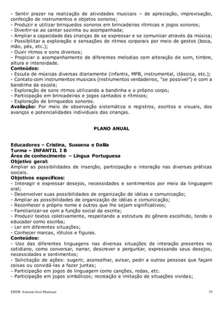 EMEB Antonio José Mantuan 53
- Sentir prazer na realização de atividades musicais – de apreciação, improvisação,
confecção de instrumentos e objetos sonoros;
- Produzir e utilizar brinquedos sonoros em brincadeiras rítmicas e jogos sonoros;
- Divertir-se ao cantar sozinha ou acompanhada;
- Ampliar a capacidade das crianças de se expressar e se comunicar através da música;
- Possibilitar a exploração e sensações de ritmos corporais por meio de gestos (boca,
mão, pés, etc.);
- Ouvir ritmos e sons diversos;
- Propiciar o acompanhamento de diferentes melodias com alteração de som, timbre,
altura e intensidade.
Conteúdos:
- Escuta de músicas diversas diariamente (infantis, MPB, instrumental, clássica, etc.);
- Contato com instrumentos musicais (instrumentos verdadeiros, “se possível”) e com a
bandinha da escola;
- Exploração de sons ritmos utilizando a bandinha e o próprio corpo;
- Participação em brincadeiras e jogos cantados e rítmicos;
- Exploração de brinquedos sonoros.
Avaliação: Por meio de observação sistemática e registros, escritos e visuais, dos
avanços e potencialidades individuais das crianças.
PLANO ANUAL
Educadores – Cristina, Sussena e Dalila
Turma – INFANTIL I B
Área de conhecimento – Língua Portuguesa
Objetivo geral:
Ampliar as possibilidades de inserção, participação e interação nas diversas práticas
sociais.
Objetivos específicos:
- Interagir e expressar desejos, necessidades e sentimentos por meio da linguagem
oral;
- Desenvolver suas possibilidades de organização de idéias e comunicação;
- Ampliar as possibilidades de organização de idéias e comunicação;
- Reconhecer o próprio nome e outros que lhe sejam significativos;
- Familiarizar-se com a função social da escrita;
- Produzir textos coletivamente, respeitando a estrutura do gênero escolhido, tendo o
educador como escriba;
- Ler em diferentes situações;
- Conhecer marcas, rótulos e figuras.
Conteúdos:
- Uso das diferentes linguagens nas diversas situações de interação presentes no
cotidiano, como conversar, narrar, descrever e perguntar, expressando seus desejos,
necessidades e sentimentos;
- Solicitação de ações: sugerir, aconselhar, avisar, pedir a outras pessoas que façam
coisas ou convidá-las a fazer juntas;
- Participação em jogos de linguagem como canções, rodas, etc.
- Participação em jogos simbólicos; recreação e imitação de situações vividas;
 