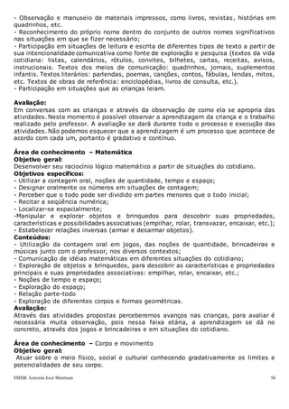 EMEB Antonio José Mantuan 54
- Observação e manuseio de materiais impressos, como livros, revistas, histórias em
quadrinhos, etc.
- Reconhecimento do próprio nome dentro do conjunto de outros nomes significativos
nas situações em que se fizer necessário;
- Participação em situações de leitura e escrita de diferentes tipos de texto a partir de
sua intencionalidade comunicativa como fonte de exploração e pesquisa (textos da vida
cotidiana: listas, calendários, rótulos, convites, bilhetes, cartas, receitas, avisos,
instrucionais. Textos dos meios de comunicação: quadrinhos, jornais, suplementos
infantis. Textos literários: parlendas, poemas, canções, contos, fábulas, lendas, mitos,
etc. Textos de obras de referência: enciclopédias, livros de consulta, etc.).
- Participação em situações que as crianças leiam.
Avaliação:
Em conversas com as crianças e através da observação de como ela se apropria das
atividades. Neste momento é possível observar a aprendizagem da criança e o trabalho
realizado pelo professor. A avaliação se dará durante todo o processo e execução das
atividades. Não podemos esquecer que a aprendizagem é um processo que acontece de
acordo com cada um, portanto é gradativo e contínuo.
Área de conhecimento – Matemática
Objetivo geral:
Desenvolver seu raciocínio lógico matemático a partir de situações do cotidiano.
Objetivos específicos:
- Utilizar a contagem oral, noções de quantidade, tempo e espaço;
- Designar oralmente os números em situações de contagem;
- Perceber que o todo pode ser dividido em partes menores que o todo inicial;
- Recitar a seqüência numérica;
- Localizar-se espacialmente;
-Manipular e explorar objetos e brinquedos para descobrir suas propriedades,
características e possibilidades associativas (empilhar, rolar, transvazar, encaixar, etc.);
- Estabelecer relações inversas (armar e desarmar objetos).
Conteúdos:
- Utilização da contagem oral em jogos, das noções de quantidade, brincadeiras e
músicas junto com o professor, nos diversos contextos;
- Comunicação de idéias matemáticas em diferentes situações do cotidiano;
- Exploração de objetos e brinquedos, para descobrir as características e propriedades
principais e suas propriedades associativas: empilhar, rolar, encaixar, etc.;
- Noções de tempo e espaço;
- Exploração do espaço;
- Relação parte-todo
- Exploração de diferentes corpos e formas geométricas.
Avaliação:
Através das atividades propostas perceberemos avanços nas crianças, para avaliar é
necessária muita observação, pois nessa faixa etária, a aprendizagem se dá no
concreto, através dos jogos e brincadeiras e em situações do cotidiano.
Área de conhecimento – Corpo e movimento
Objetivo geral:
Atuar sobre o meio físico, social e cultural conhecendo gradativamente os limites e
potencialidades de seu corpo.
 
