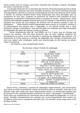 EMEB Antonio José Mantuan 67
rotina escolar com as crianças, tais como: momento das refeições, higiene, atividades
de corpo e movimento e artes.
A avaliação desse dia com a presença das famílias, feita pela equipe docente e pelas
próprias famílias, destacou que essa atividade favoreceu uma maior confiança dos pais
nos educadores e permitiu o início da constituição de vínculos mais efetivos entre escola
e família. As crianças também foram muito favorecidas com essa atividade, pois na
companhia de seus pais, puderam se aproximar de maneira mais tranqüila de seus
educadores e explorarem inicialmente todos os espaços da escola. Diante disso, estes
horários são ampliados gradativamente, para que as crianças e suas famílias possam se
apropriar aos poucos do novo espaço, do convívio com as demais crianças e com os
educadores. Estes horários foram programados para auxiliar as crianças e famílias a
se acostumarem aos poucos com a separação, e, ao mesmo tempo com o novo
ambiente, colegas e educadores. Este período pode ser ampliado caso haja dificuldade
de adaptação por parte de alguma criança ou família.
Temos estabelecido pela SE, nas EMEB’s de 0 a 3 anos, que as crianças que
iniciam nas escolas, têm em seus primeiros dias de aula, horários especiais de
permanência na escola, a fim de favorecer o processo de adaptação das mesmas. Por
avaliarmos de forma positiva o período de adaptação das crianças combinamos para
este ano repetir esta estratégia, porém por determinação da SE tivemos de alterar
nosso cronograma.
Os horários e dias estabelecidos foram:
Dia de boas vindas/ Período de adaptação
Dia Horário
08/02 Dia de boas vindas
7h30m às 9h30m -
10h às 12h
Com a presença dos pais
09/02 e 10/02 Início de 1/3 do grupo com
permanência de 4hs
11/02 e 14/02 Início de + 1/3 do grupo com
permanência de 4hs, totalizando 2/3 da
classe, sendo que o primeiro grupo
permanece 6hs
15/02 e 16/02 Início do último grupo com
permanência de 4hs. 1º grupo- normal;
2º grupo - 6h e último grupo 4hs.
17/02 1º grupo – normal; 2º grupo normal e
3º grupo 6hs.
18/02 Todos das 7h30m às 16h30m
Desta forma, avaliamos o período de adaptação negativamente, pois observamos
que iniciar as aulas no período de 4 horas foi cansativo para as crianças, visto que é um
período longo para estas que nunca frequentaram escola, ou mesmo para aqueles que
já estiveram nela, gerando grandes momentos de choro, inquietação e irritabilidade.
Outro fator que acreditamos ter contribuído para a dificuldade de adaptação, e é o do 3º
grupo, formado principalmente por crianças que nunca frequentaram uma creche, ter
iniciado as aulas (sem a companhia dos pais) com um intervalo muito longo entre o Dia
de Boas Vindas.
 