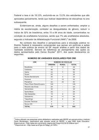 Federal a taxa é de 18,12%, excluindo-se os 13,3% dos estudantes que são
aprovados parcialmente, tendo que realizar dependência de disci plinas no ano
subsequente.
       Evidenciam-se, ainda, alguns desafios a serem enfrentados: ampliar a
média de escolarização, combater as desigualdades de gênero, reduzir o
índice de 32% de brasileiros, entre 15 e 64 anos de idade, concentrados na
condição de analfabetos funcionais, sendo que 7% são analfabetos absolutos,
segundo o Indicador de Alfabetização Funcional (INAF) 2 de 2009.
       No contexto dos desafios e perspectivas para a educação pública no
Distrito Federal é necessário compreender que pensar em políti cas e ações
para a rede pública de ensino do DF requer análise a partir dos dados da
realidade existente. Servem de referência ao planejamento das ações os
dados apresentados pelo Censo Escolar 3 2011, dos quais destacamos os
seguintes:
                  NÚMERO DE UNIDADES ESCOLARES POR CRE
                           CRE                        NÚMERO DE ESCOLAS
                                              URBANA         RURAL           TOTAL
              Brazlândia                         17             12             29
              Ceilândia                          88              -             88
              Gama                               43             7              50
              Guará                              25              -             25
              Núcleo Bandeirante                 30             3              33
              Paranoá                            17             13             30
              Planaltina                         42             23             65
              Plano Piloto Piloto/Cruzeiro      105              -            105
              Recanto das Emas                   24              -             24
              Samambaia                          39              -             39
              Santa Maria                        25              -             25
              São Sebastião                      19             4              23
              Sobradinho                         35             11             46
              Taguatinga                         61             4              65
              Escolas Técnicas                    4              -              4
              Novos CEI                           4              -              4
              TOTAL                             578             77            655




2
  Índice utilizado nas pesquisas sobre alfabetismo realizadas pelo IBOPE em parceria entre o Instituto
Paulo Montenegro, responsável pela atuação social do IBOPE, e pela ONG Ação Educativa.
Disponível em: <http://www.ipm.org.br/ipmb_pagina.php?mpg=4.02.04.00.00&ver=por>.
3
  Disponível em: <http://www.se.df.gov.br/?page_id=1976>.
                                                                                                    37
 