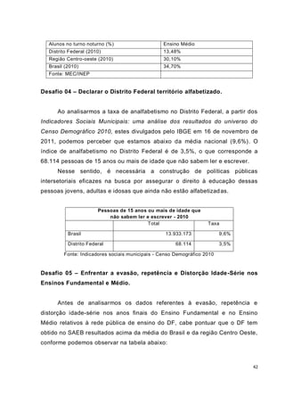 42
Alunos no turno noturno (%) Ensino Médio
Distrito Federal (2010) 13,48%
Região Centro-oeste (2010) 30,10%
Brasil (2010) 34,70%
Fonte: MEC/INEP
Desafio 04 – Declarar o Distrito Federal território alfabetizado.
Ao analisarmos a taxa de analfabetismo no Distrito Federal, a partir dos
Indicadores Sociais Municipais: uma análise dos resultados do universo do
Censo Demográfico 2010, estes divulgados pelo IBGE em 16 de novembro de
2011, podemos perceber que estamos abaixo da média nacional (9,6%). O
índice de analfabetismo no Distrito Federal é de 3,5%, o que corresponde a
68.114 pessoas de 15 anos ou mais de idade que não sabem ler e escrever.
Nesse sentido, é necessária a construção de políticas públicas
intersetoriais eficazes na busca por assegurar o direito à educação dessas
pessoas jovens, adultas e idosas que ainda não estão alfabetizadas.
Pessoas de 15 anos ou mais de idade que
não sabem ler e escrever - 2010
Total Taxa
Brasil 13.933.173 9,6%
Distrito Federal 68.114 3,5%
Fonte: Indicadores sociais municipais - Censo Demográfico 2010
Desafio 05 – Enfrentar a evasão, repetência e Distorção Idade-Série nos
Ensinos Fundamental e Médio.
Antes de analisarmos os dados referentes à evasão, repetência e
distorção idade-série nos anos finais do Ensino Fundamental e no Ensino
Médio relativos à rede pública de ensino do DF, cabe pontuar que o DF tem
obtido no SAEB resultados acima da média do Brasil e da região Centro Oeste,
conforme podemos observar na tabela abaixo:
 