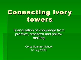 Connecting ivory towers Triangulation of knowledge from practice, research and policy-making Ceres Summer School 3 rd  July 2009 