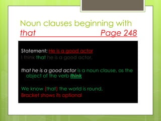 Noun clauses beginning with
that
Page 248
Statement: He is a good actor
I think that he is a good actor.
that he is a good actor is a noun clause, as the
object of the verb think
We know (that) the world is round.
Bracket shows its optional

 
