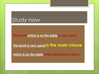 Study now
The book which is on the table is very good
The book is very good is

the main clause

which is on the table is the dependent clause

 