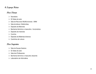 10
4. Espaço Físico
Piso Térreo
 Secretaria
 02 Salas de aula
 Sala de Recursos Multifuncionais - SRM
 Sala de leitura / Multimídias
 Depósito de Merenda
 Banheiros feminino e masculino - funcionários
 Depósito de merenda
 Cozinha
 Depósito de Materiais diversos
 Cantinhos de Leitura
Piso Superior
 Sala da Equipe Gestora
 02 Salas de aula
 Sala dos Professores
 Banheiros feminino e masculino discente
 Laboratório de Informática
 