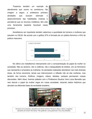 22
Interação com os presentes: educadores do CIEJA Santana/ Tucuruvi, alunas e alunos, estagiárias,
educadores do CIEJA Vila Maria/ Vila Guilherme e nossa palestrante Vera Lúcia Benedito.
Trazemos também um exemplo do
atendimento que ocorre no contraturno. Na
imagem a seguir, a professora priorizou
atividades que buscam estimular o
desenvolvimento das habilidades motoras e
percebe-se que os recursos midiáticos, têm sido
uma ferramenta bastante favorável nesse
processo.
Acreditamos ser importante também sabermos a quantidade de homens e mulheres que
estudam no CIEJA. De acordo com o gráfico 57% é formado de um público feminino e 43% de
público masculino.
No último ano trabalhamos intensamente com a conscientização do papel da mulher na
sociedade. Não ao sexismo, não à violência, não a desigualdade de direitos, sim ao feminismo
que representa e empodera as mulheres. As atividades realizadas abordaram nas mais diversas
áreas, de forma recorrente, temas que intencionaram a reflexão não só das mulheres, mas
também dos homens. Gráficos, imagens, vídeos, debates, cartazes permearam nossas
discussões. Além disso, tivemos palestra com a Professora Doutora Vera Lúcia Benedito que
veio discutir o papel da mulher negra em nossa sociedade, trazendo dados históricos que
abordam as diferentes fases da sociedade brasileira.
 