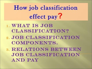1
1. What is job
classification?
2. Job classification
components.
3. Relations between
job classification
and pay
How job classification
effect pay?
 