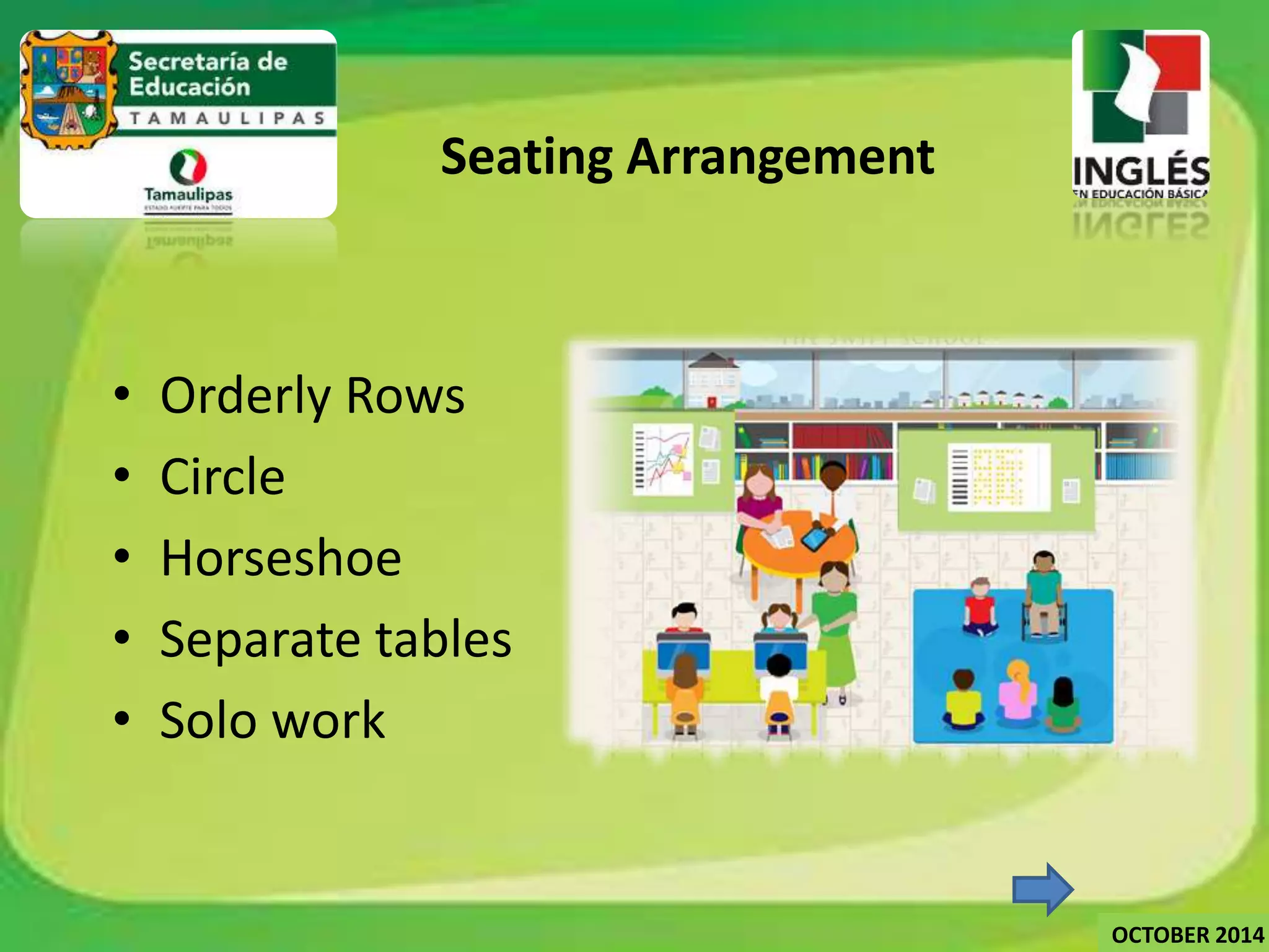 Seating Arrangement 
• Orderly Rows 
• Circle 
• Horseshoe 
• Separate tables 
• Solo work 
OCTOBER 2014 
 