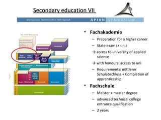 Fachakademie Preparation for a higher career State exam (≠ uni) ->  access to university of applied science  ->  with honours: access to uni Requirements: mittlerer Schulabschluss + Completion of apprenticeship Fachschule Meister ≠ master degree advanced technical college entrance qualification 2 years Secondary education VII  