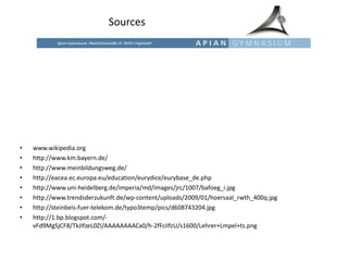 Sources www.wikipedia.org http://www.km.bayern.de/ http://www.meinbildungsweg.de/ http://eacea.ec.europa.eu/education/eurydice/eurybase_de.php http://www.uni-heidelberg.de/imperia/md/images/jrc/1007/bafoeg_i.jpg http://www.trendsderzukunft.de/wp-content/uploads/2009/01/hoersaal_rwth_400q.jpg http://steinbeis-fuer-telekom.de/typo3temp/pics/d608743204.jpg http://1.bp.blogspot.com/-vFd9MgSjCF8/TkJIfzeL0ZI/AAAAAAAACx0/h-2fFciIfzU/s1600/Lehrer+Lmpel+ts.png 