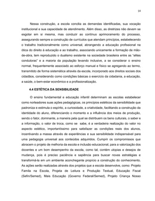 14



      Nessa construção, a escola concilia as demandas identificadas, sua vocação
institucional e sua capacidade de atendimento. Além disso, as diretrizes não devem se
esgotar em si mesma, mas conduzir ao contínuo aprimoramento do processo,
assegurando sempre a construção de currículos que atendam princípios, estabelecendo
o trabalho tradicionalmente como universal, abrangendo a educação profissional na
ótica do direito à educação e ao trabalho, associando unicamente a formação de mão-
de-obra, tem reproduzido o dualismo existente na sociedade brasileira entre as “elites
condutoras” e a maioria da população levando inclusive, a se considerar o ensino
normal, frequentemente associado ao esforço manual e físico se agregando ao termo,
transmitido de forma sistemática através da escola, incorporado aos direitos sociais dos
cidadãos, considerando como condições básicas o exercício da cidadania, a educação,
a saúde, o bem-estar econômico e a profissionalização.

     4.4 ESTÉTICA DA SENSIBILIDADE

      O ensino fundamental e educação infantil determinam as escolas estabelecer
como norteadores suas ações pedagógicas, os princípios estéticos da sensibilidade que
padroniza e estimula o espírito, a curiosidade, a criatividade, facilitando a construção da
identidade do aluno, diferenciando o momento e a influência dos meios de produção,
sendo o fator, dominante, a maneira pela qual se distribuem os bens culturais, o saber e
a informação, o valor de troca, como se sabe, é a verdadeira realização do valor no
aspecto estético, importantíssimo para satisfazer as condições reais dos alunos,
incentivando a massa através de experiências e sua sensibilidade indispensável para
uma pedagogia universal aos conteúdos adquiridos. Cumprir os compromissos que
abracem o projeto de melhoria da escola e inclusão educacional, para a valorização dos
docentes e um bom desempenho da escola, como tal, contém utopias e desejos de
mudança, pois é preciso paciência e sapiência para buscar novas estratégias e
transformá-la em um ambiente aconchegante propício a construção do conhecimento.
As ações serão realizadas através dos projetos que a escola desenvolve, como: Projeto
Famíla na Escola, Projeta de Leitura e Produção Textual, Educação Fiscal
(Sefin/Semed), Mais Educação (Governo Federal/Semed), Projeto Criança Nosso
 